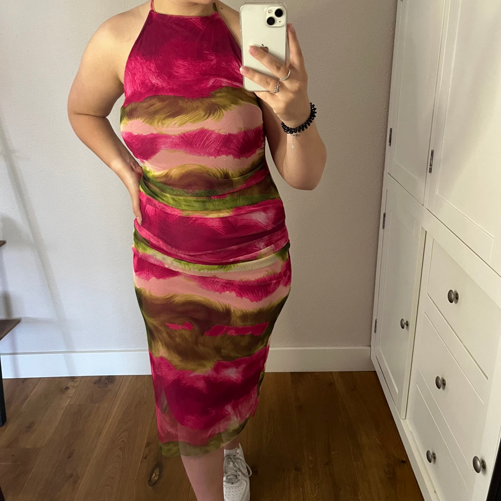 Mesh Halter Jurk Fuchsia Groen