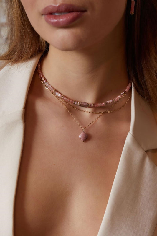 Dubbele Ketting Klaver Natuursteen Roze
